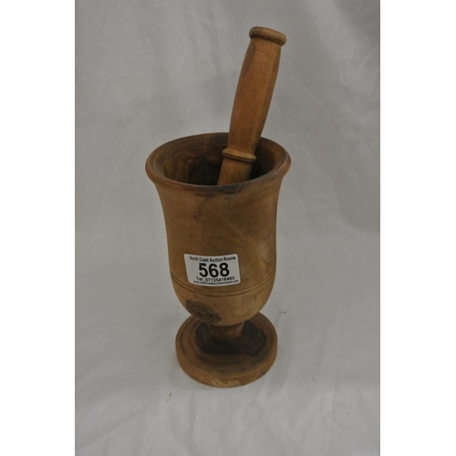 568 - A handmade wood turned wooden mortar & pestle.