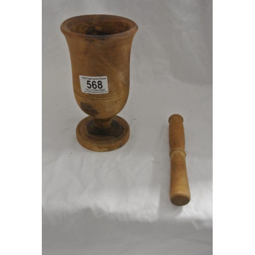 568 - A handmade wood turned wooden mortar & pestle.