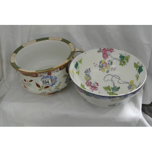 594 - A decorative antique chamber pot, along with similar fruit bowl.