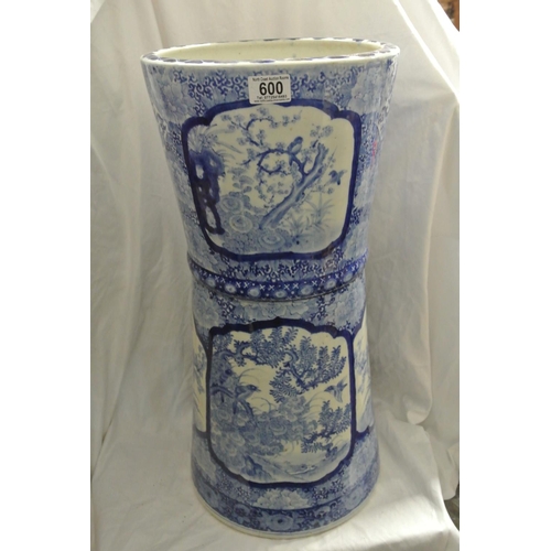 600 - A stunning antique Oriental style stick/ umbrella stand with blue transferware design.