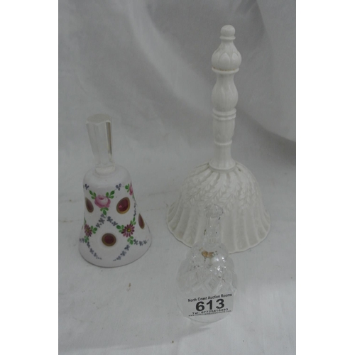 613 - A collection of 3 bells, to include a Crown Staffordshire piece & more.