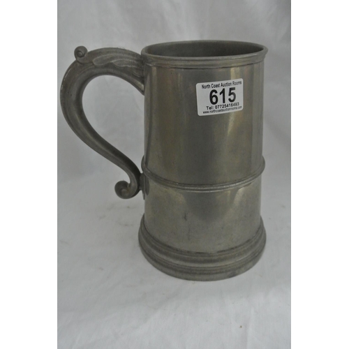 615 - A vintage Manor Period pewter 1 litre stein, numbered 2039, engraved GAP to front.