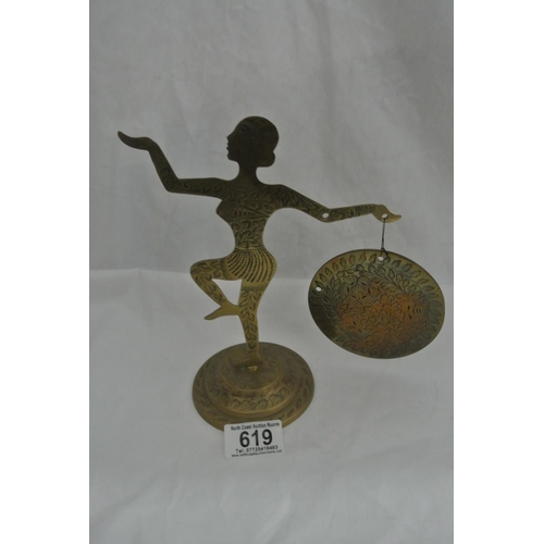 619 - A vintage handmade brass gong, in the form of an Art Deco style lady.