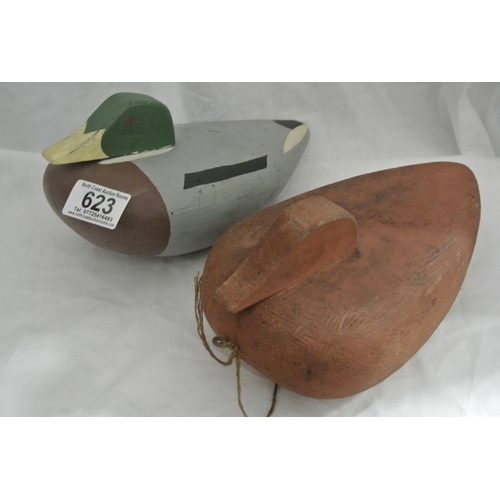 623 - 2 stunning hand carved wooden duck decoys.