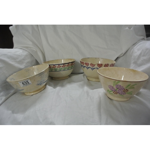 635 - A collection of 3 antique Irish Spongeware bowls, & a similar piece.