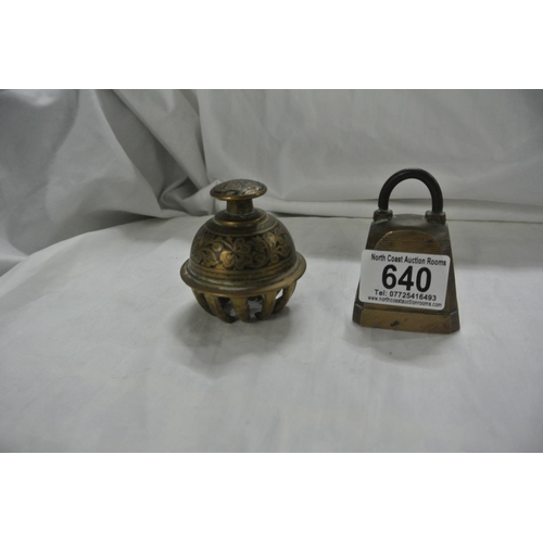 640 - 2 small antique brass bells.