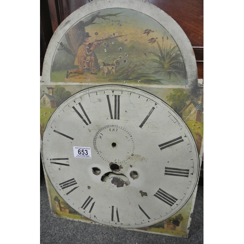 653 - A stunning antique hand painted Grandfather Clock dial with hunting scene.