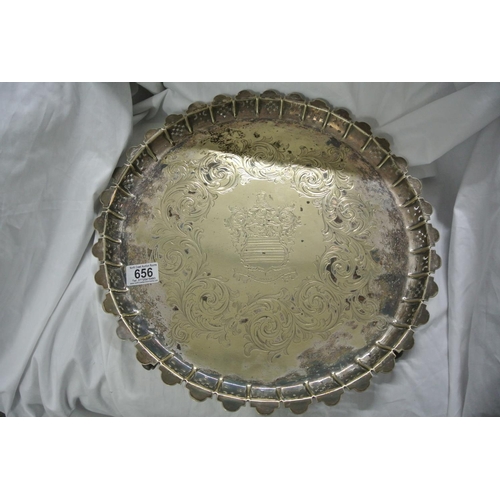 656 - A stunning antique silver plated tray on 4 feet, engraved with crest, reading  'Labor omnia vincit' ... 