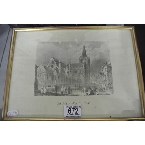 672 - A framed print showing St Patricks Cathedral, Dublin.