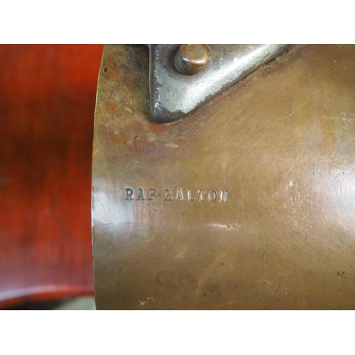 238 - A large antique copper saucepan stamped 'RAF HALTON'.