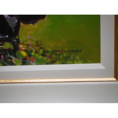 353 - An original framed oil painting of a cow, by Irish Artist, Gregory Moore, signed to lower corner.