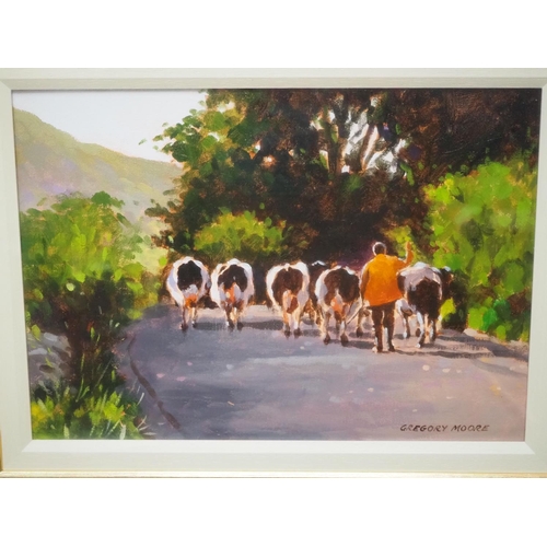 355 - An original framed oil painting of a farmer walking with cows, by Irish Artist, Gregory Moore, signe... 