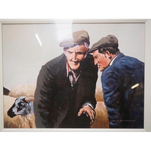 368 - An original framed oil painting of a 2 farmers & a sheep, by Irish Artist, Gregory Moore, signed to ... 