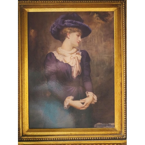 373 - A large antique style framed print of a lady in purple.