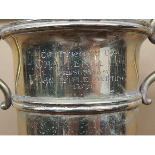 5 - A large silver plated award cup, reading 'Co Tyrone USC Challenge Cup presented by the Rifle Meeting... 