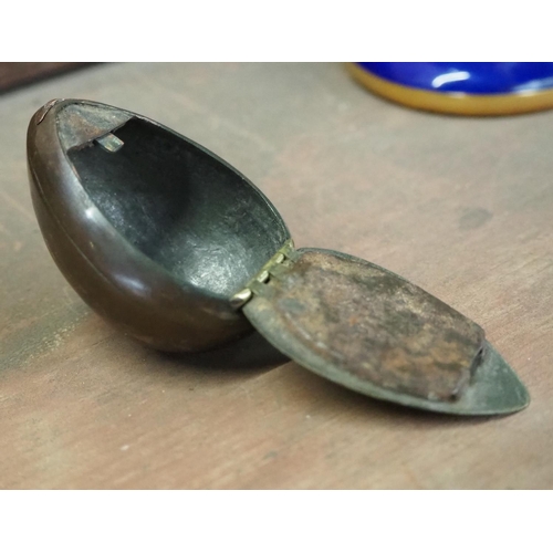 69 - An unusual handmade snuff box in the form of a nut, with brass lid.