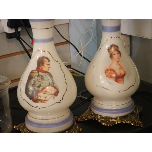 161 - A stunning pair of large antique glass oil lamps with Napoleon & Josephine.