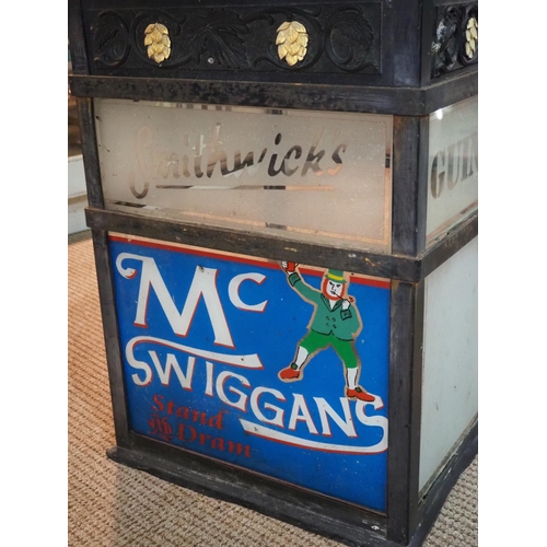 254 - A large vintage pub lantern on bracket, with glass panels reading Guinness, Smithwicks, McSwiggans &... 