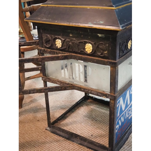 254 - A large vintage pub lantern on bracket, with glass panels reading Guinness, Smithwicks, McSwiggans &... 