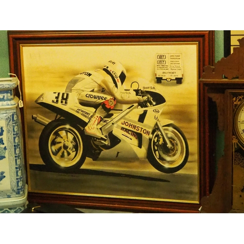 306 - An original framed painting showing Motorcycle Racer Trevor Scott.