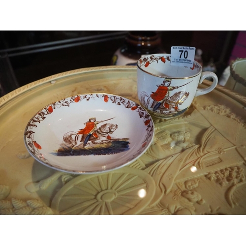 70 - An antique Irish hand painted cup & saucer showing King William on horse.