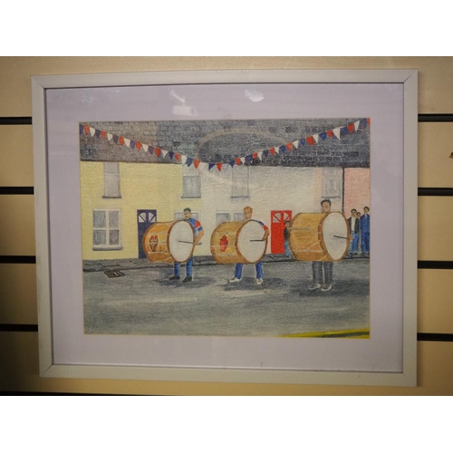 341 - An original framed painting showing 3 men playing Lambeg drums.