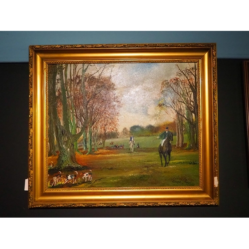 480 - A large framed painting of a hunting scene in decorative gilt frame.