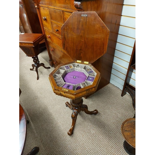 530 - A stunning antique/ Victorian Walnut sewing workbox on tripod base.