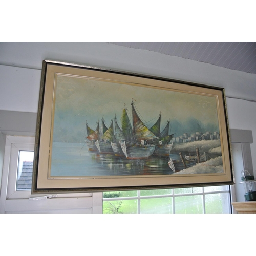 341 - A large signed Oil on canvas of boats in Harbour . Measuring 4 1/2 ft wide