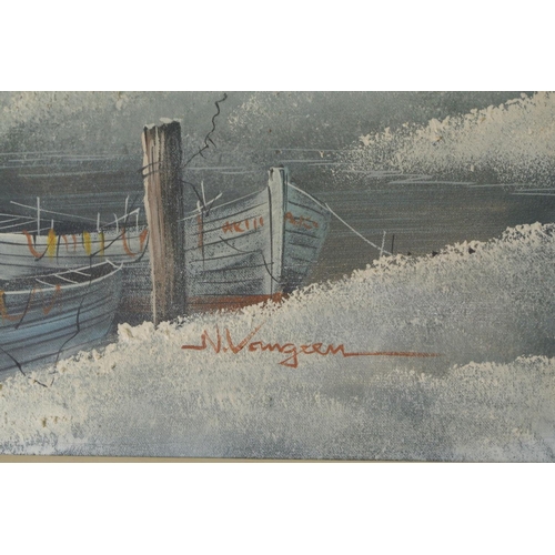 341 - A large signed Oil on canvas of boats in Harbour . Measuring 4 1/2 ft wide