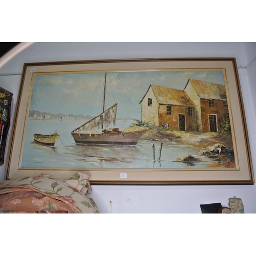 361 - A large oil on canvas Mediterranean harbour scene. Measures 4 1/2 ft wide