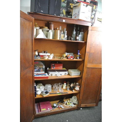 365 - A set of dark pine office shelves with doors. Approx 6ft x 3ft x 17inches deep