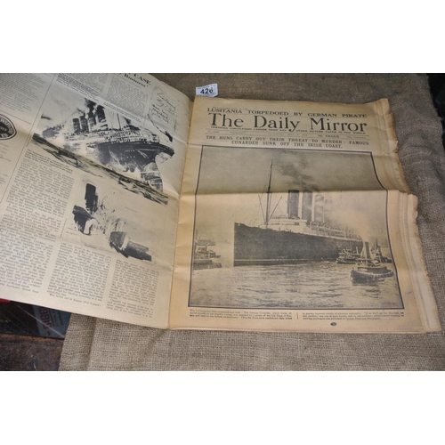 426 - A reprint newspaper 'The Daily Mirror' showing the Lusitania sinking, 8th May 1915