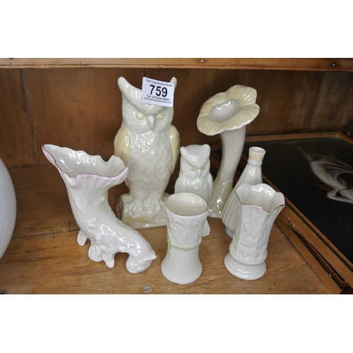 759 - 7 pieces of Belleek to include brown and green stamped items