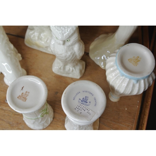 759 - 7 pieces of Belleek to include brown and green stamped items