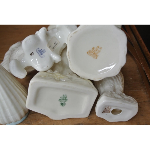 759 - 7 pieces of Belleek to include brown and green stamped items