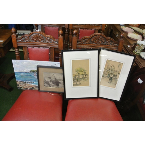 840 - A pair of Victorian style prints, another print and an oil on board unframed painting - P O'Connell