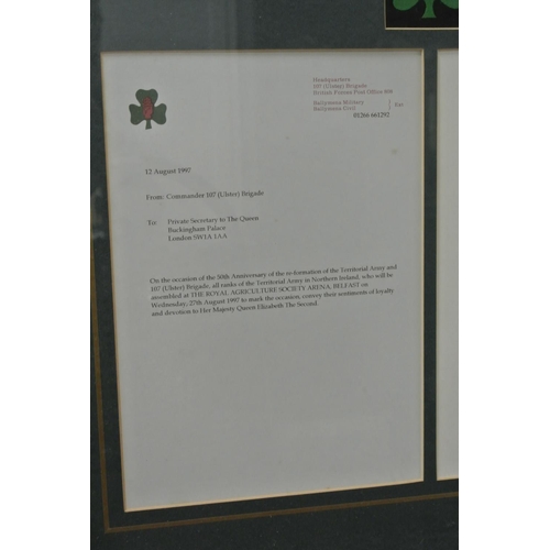 300 - A pair of framed commemorative letters celebrating the 50th Anniversary of the reformation of the Te... 