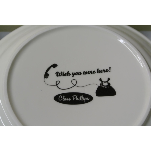 471 - A large collection of Clare Phillips 'Wish you were here!' china plates, coasters and mugs.