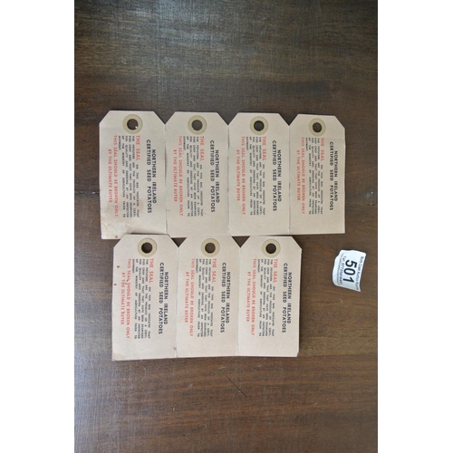 501 - A set of vintage tags which read 'Northern Ireland Certified Seed Potatoes. MACV.'