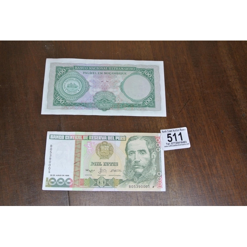 511 - Two vintage bank notes from Peru and Mozambique.