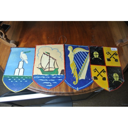 247 - A stunning set of 4 vintage handmade double sided metal shields/ crests, with hand painted designs t... 