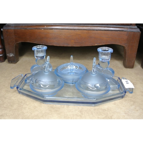 A vintage/ antique blue glass dressing table set.