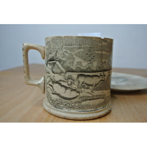 145 - A large antique mug farming scene a/f and an unusual Burselm plate inscribed 'A learned man I now ap... 