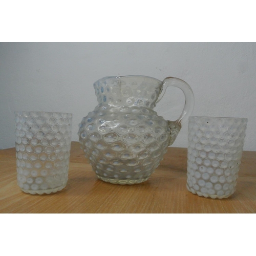 147 - A super antique hobnail glass water jug & pair of matching tumblers