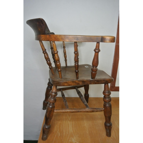 282 - Antique oak captain's office chair / smokers bow open armchair