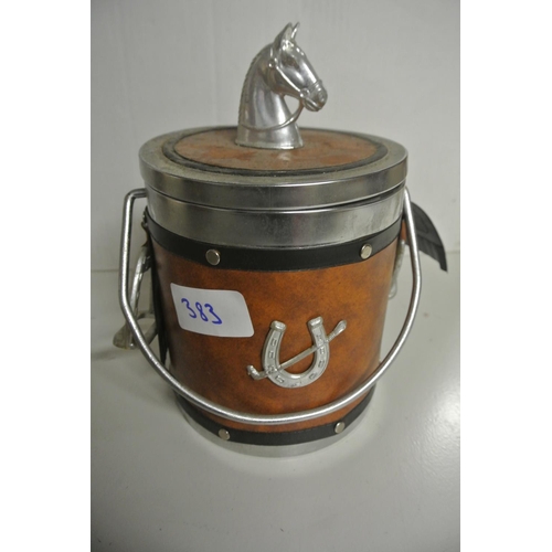 383 - A vintage ice bucket with leather coverings and horse details, along with two small dishes with equi... 