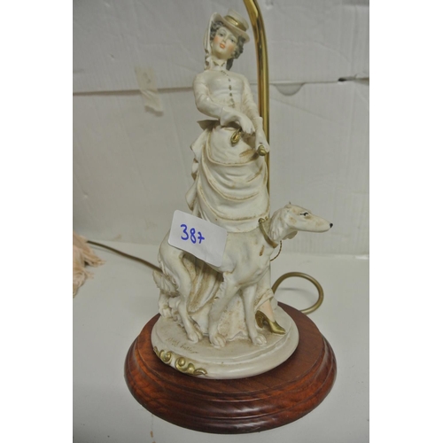 387 - A vintage table lamp in the form of a lady and her dog