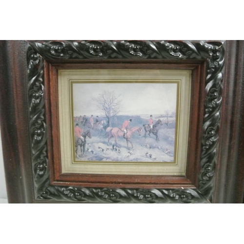 418 - Two antique prints of fox hunters in small wooden frames