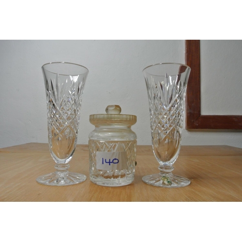 140 - A pair of Waterford crystal flower vases & a Waterford crystal jam pot